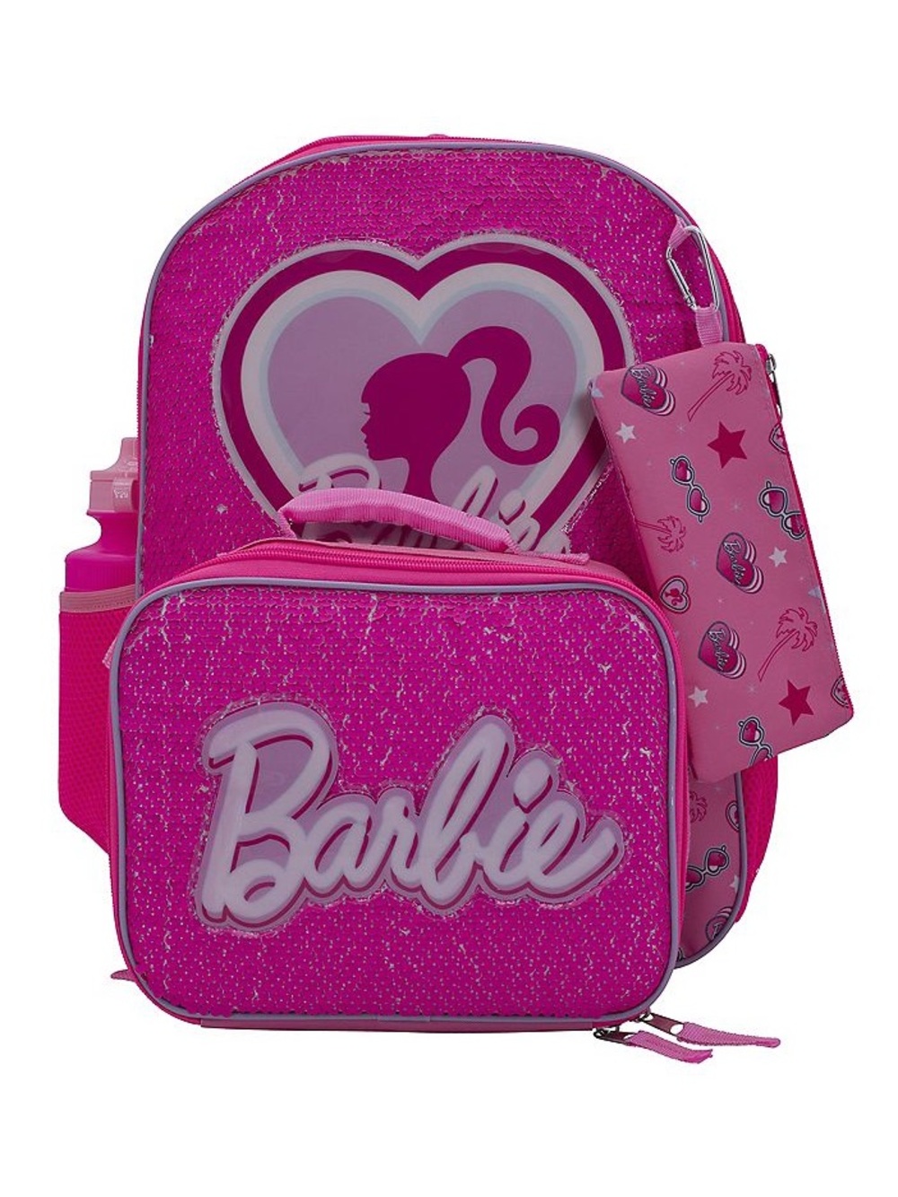 Barbie 5-Piece Pink Glitter Backpack 16” in. Set – Lunch Bag Gadget Case New
